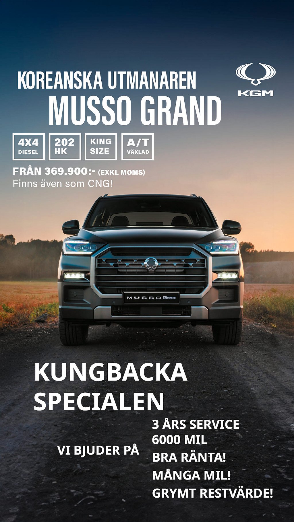 KGM Musso Grand 2,2 CNG-Gas/Diesel D-hytt skatt 1496/år 