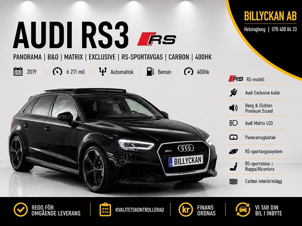 Audi RS3 Pano|B&O|Matrix|Exclusive|RS-Sportavgas|Magnetic|400hk