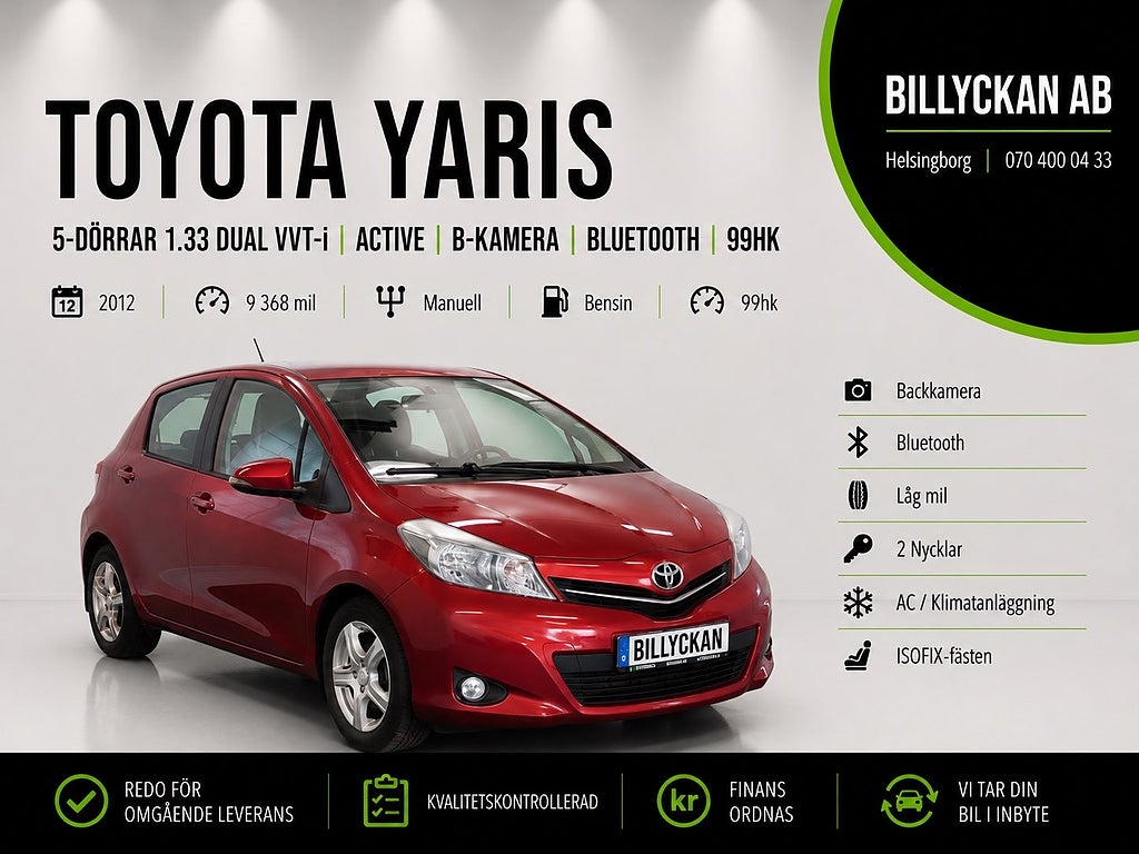 Toyota Yaris 5-dörrar 1.33 Dual VVT-i Active|B-Kamera|Bluetooth|99hk