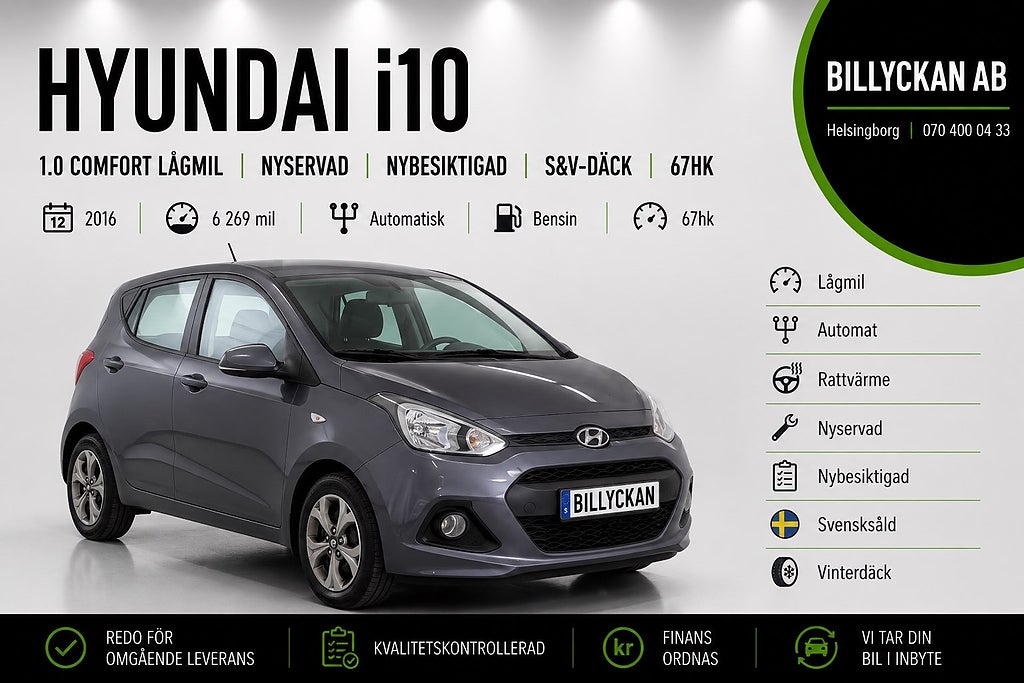 Hyundai i10 1.0 Comfort Lågmil|Nyservad|Nybesiktigad|S&V-däck|67hk