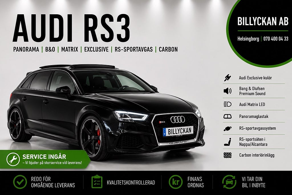 Audi RS3 Pano|B&O|Matrix|Exclusive|RS-Sportavgas|Nyservad|400hk