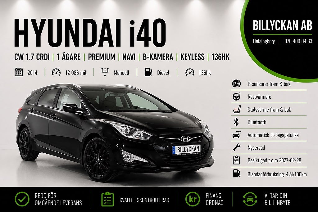 Hyundai i40 cw 1.7 CRDi|1-Ägare|Premium|Navi|B-kamera|Keyless|136hk