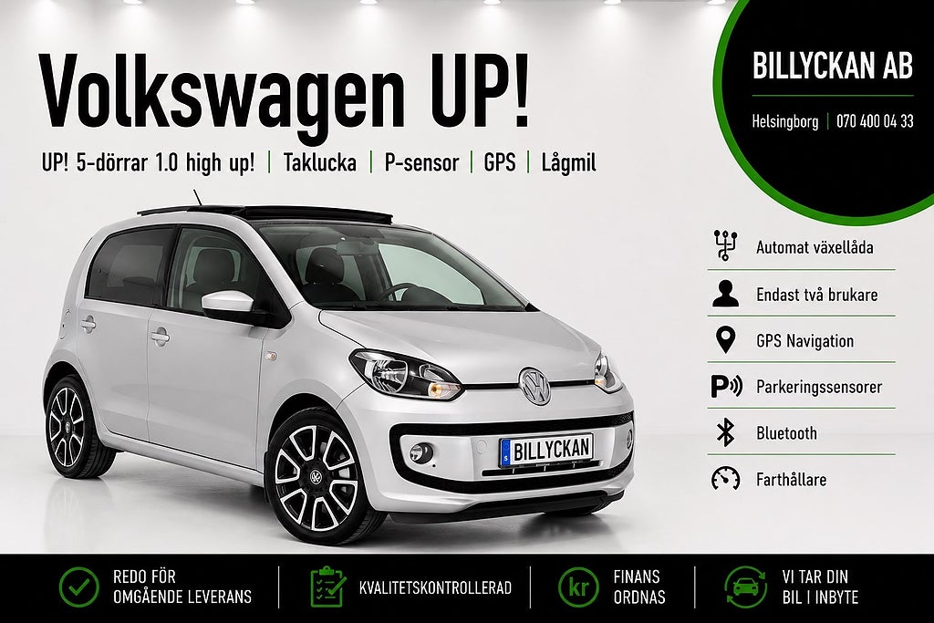 Volkswagen UP! 5-dörrar 1.0 high up!|Taklucka|P-sensor|GPS|Lågmil|75hk
