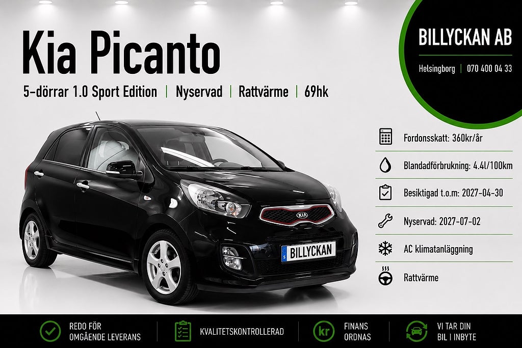Kia Picanto 5-dörrar 1.0 Sport Edition|Nyservad|Rattvärme|69hk