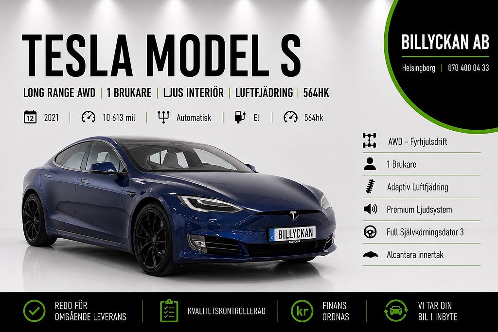 Tesla Model S Long Range AWD |1-Brukare|Ljus Interiör|Luftfjädring