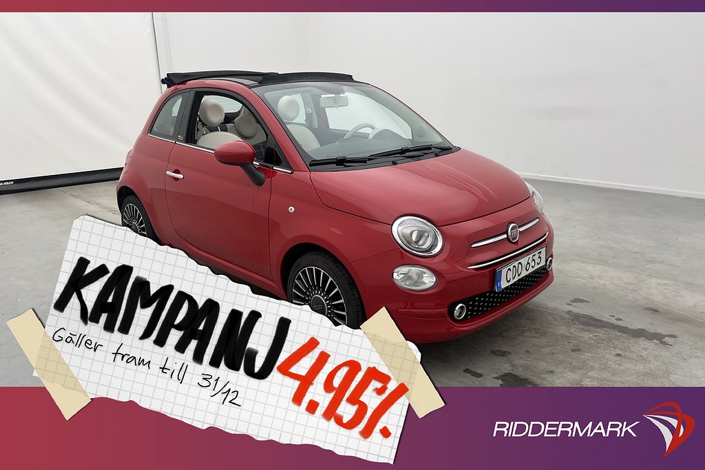 Fiat 500C 1.2 69hk Lounge Sensorer Farthålla 4,95% Ränta