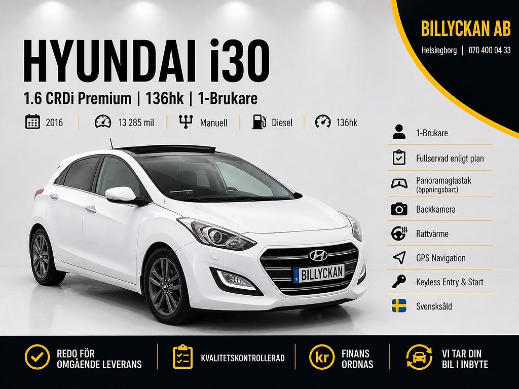 Hyundai i30 1.6 CRDi Premium 1-Ägare Panorama Kamera Rattvärme GPS