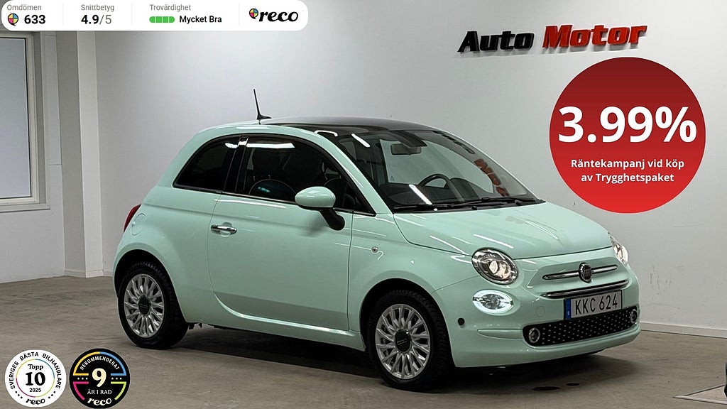 Fiat 500 1.2 69hk Panorama/Värmare/Nybytt kamrem