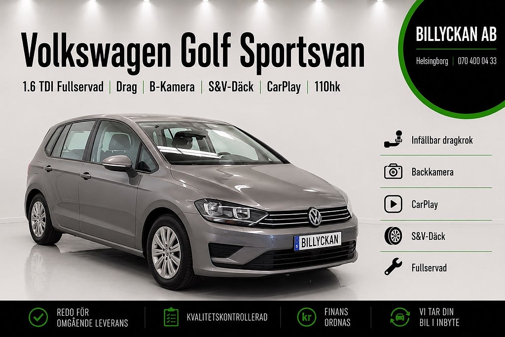 Volkswagen Golf Sportsvan 1.6 TDI Fullservad|Drag|B-Kamera|S&V-Däck|CarPlay|110hk