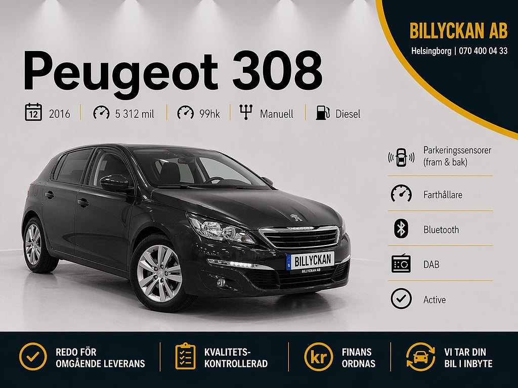 Peugeot 308 1.6 |Lågmil |Ny bytt kamrem |P-sensorer |1-Brukare|99hk