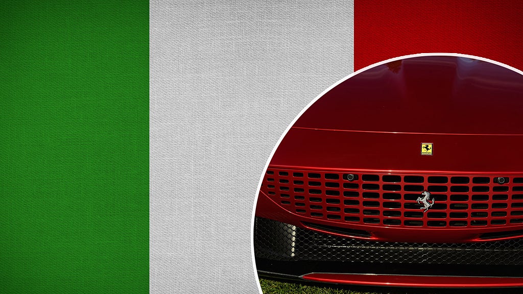 Italiens flagga och Fronten på en Ferrari.