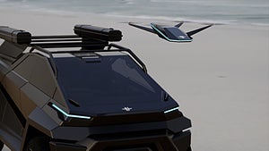 Bilen har en drönare med lidar som skannar terrängen. Foto: Wolfgangs