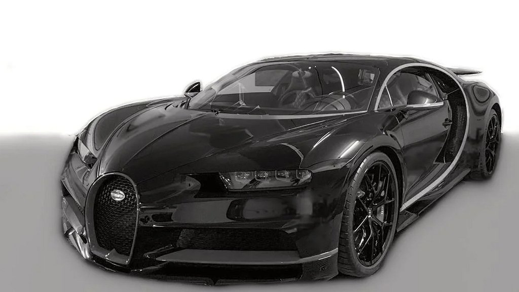 Denna Bugatti Chiron Sport kan bli din för 45 miljoner kronor. Bilden är svartvit på grund av säkerhetsskäl, skriver försäljaren.
