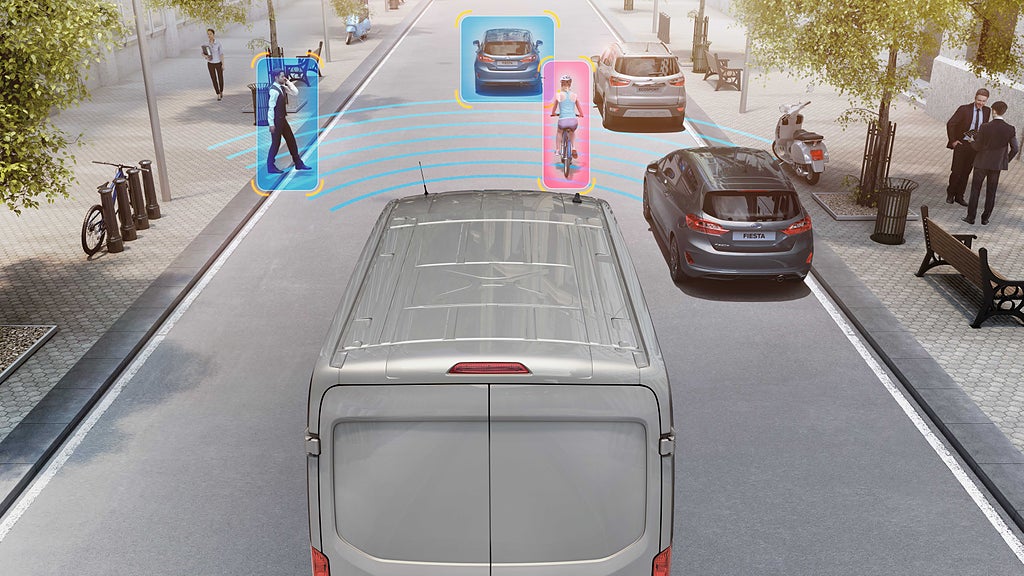 Ford E-transit har en mängd med förarhjälpmedel. Foto: Ford 