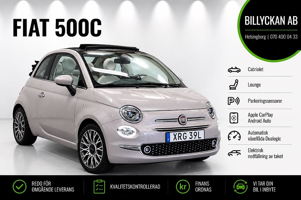 Fiat 500C Cabriolet 1.2 Automat|Lounge|Ny Kamrem|CarPlay|P-sensor