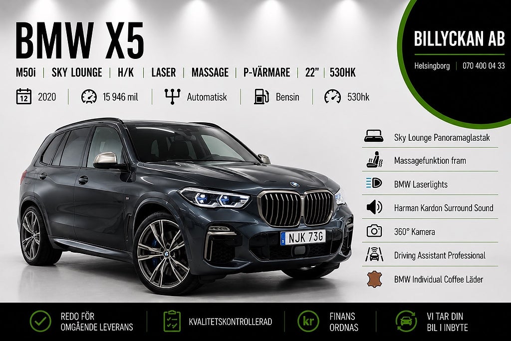 BMW X5 M50i |Sky Lounge|H/K|Laser|Massage|P-Värmare|22''|530hk
