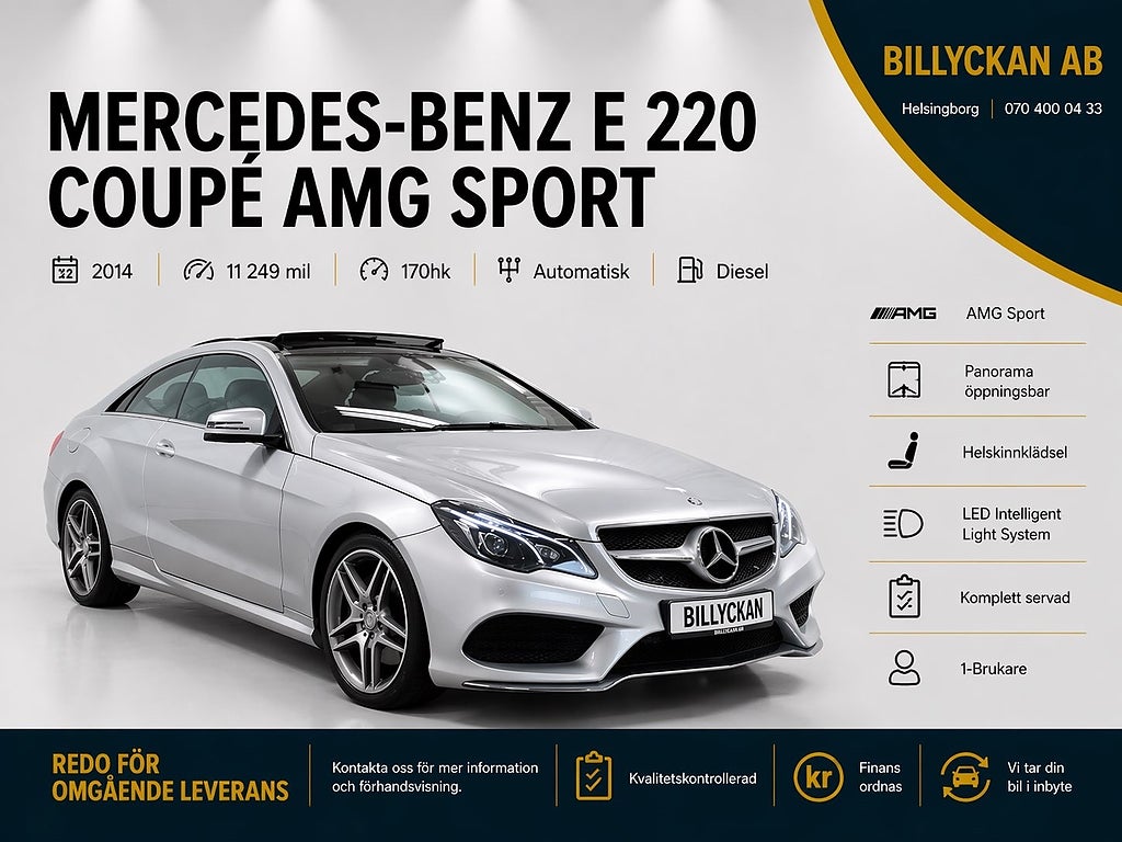 Mercedes-Benz E 220 Coupé 1-Ägare|AMG Sport|Glastak|Fullservad|Helskinn